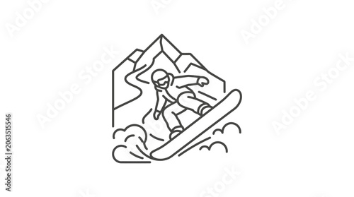Fotografie Minimalist line drawing of snowboarder descending steep mountain peak