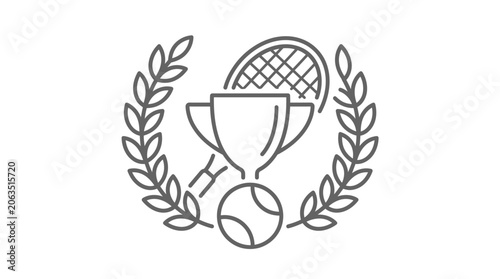 Tennis tournament trophy icon with racket ball and wreath.
