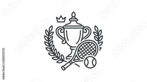 Tennis championship emblem with trophy racket and laurel wreath.