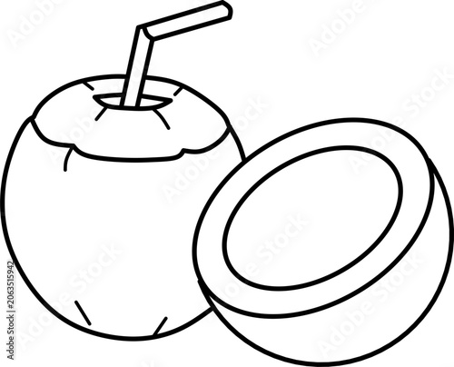 Simple coconut fruit line art vector illustration featuring whole and cut coconut. Perfect for coloring books, educational materials, tropical food themes, and printable projects.