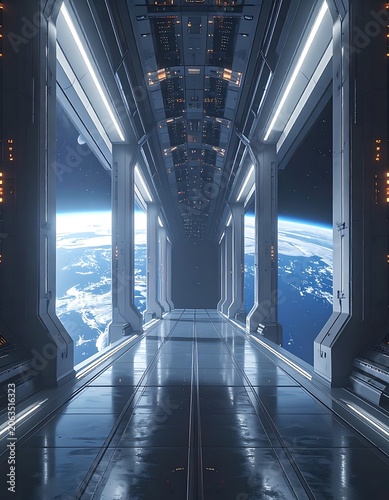 A futuristic space station corridor with Earth views