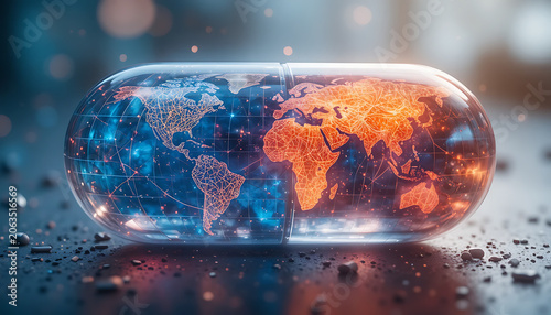 A large transparent capsule with a world map inside on a dark surface with small rocks and blurred background with bokeh lights effect