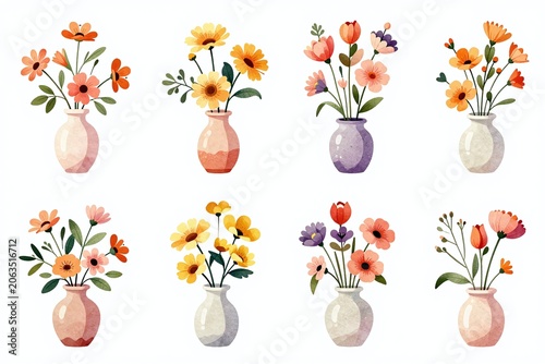 A bunch of flowers in vases on a white background