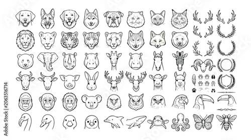 Foto Detailed animal head vector icon set, diverse wildlife and pet illustrations, nature and zoology graphic resources, black and white line art collection for design projects
