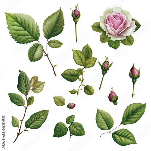 Rose Bud and Leaf Botanical Illustration with Delicate Pink and White Petals