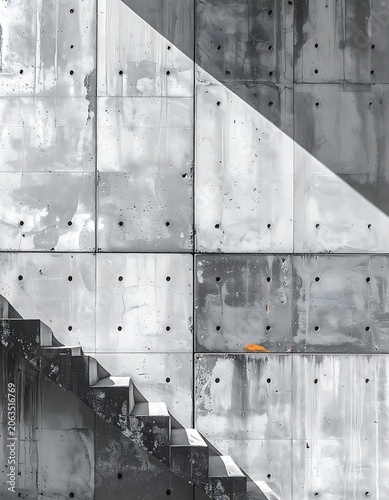A gray concrete wall with a staircase and angled surface