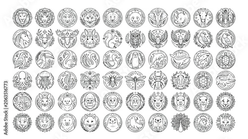 Photography Intricate animal head vector icons, detailed wildlife illustrations, diverse creature avatars, hand-drawn animalistic designs for branding and web