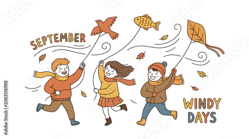 Fotografie Children play with kites on a windy autumn day outdoors