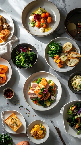 A high-angle shot of assorted food in white bowls on a table