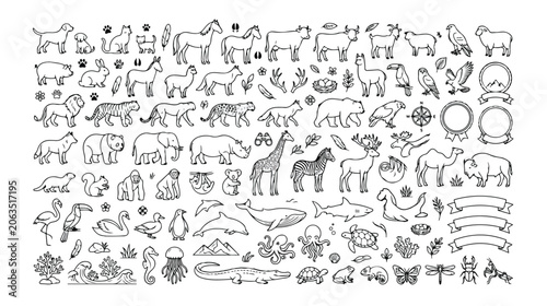 Hand-drawn animal vector icon set, a comprehensive collection of wildlife and domestic animals, nature elements, and decorative ribbons, perfect for educational materials and children's designs.