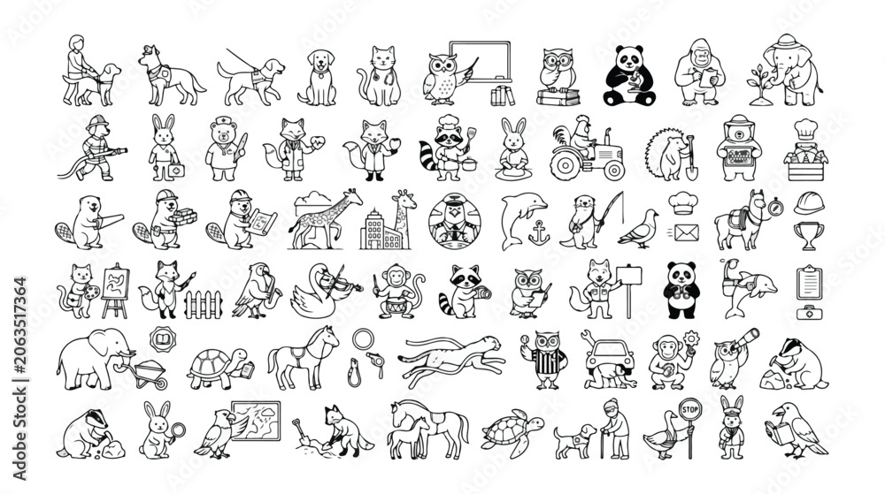 Naklejka premium Charming animal character vector collection, 100+ line art animal icons, black and white cartoon wildlife illustrations, playful animal graphics for children's designs and educational content