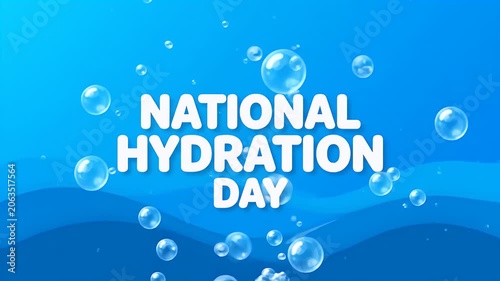 National hydration day text animation with floating water bubbles on a blue abstract background