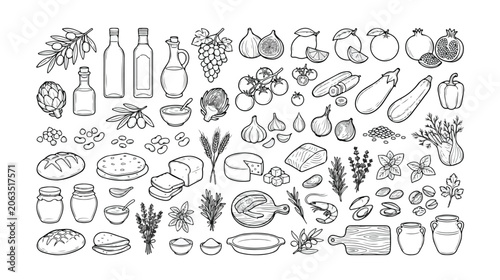 Bild auf Leinwand Mediterranean food and ingredients vector icon set, hand-drawn black and white line art collection