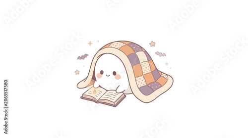 Fotografie A cute ghost reading illustration reading an open book with plaid  indoors