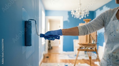 This image we can see person Painter holding a blue paint roller ready to refresh walls