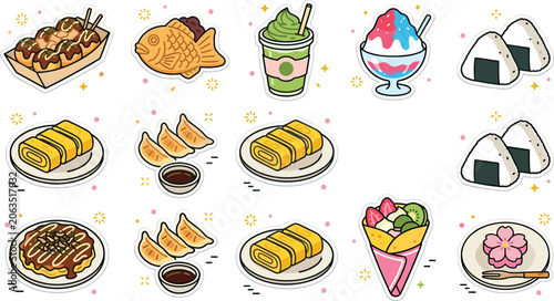 Foto Japanese street food and snack cartoon sticker set featuring takoyaki taiyaki matcha shaved ice onigiri tamagoyaki gyoza okonomiyaki crepe and wagashi sweets vector illustration