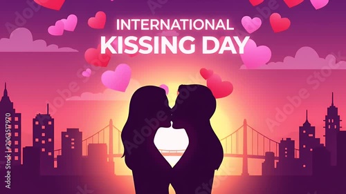 International kissing day graphic with romantic couple silhouette kissing at sunset city skyline