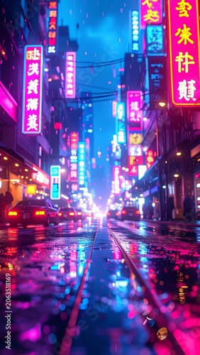 A neon-lit city street at night with wet pavement (1)
