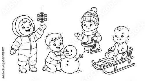 Canvas-taulu Cute winter children vector set, adorable babies playing in snow, kids building