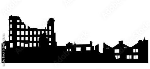 Εκτύπωση καμβά Silhouette of a destroyed city skyline with bombed ruins and damaged buildings, bold black minimalist illustration ideal for war, conflict, apocalypse, and history themes
