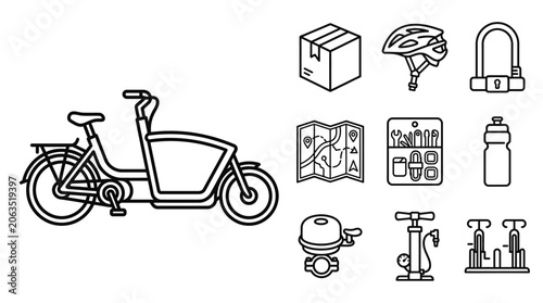 Schilderij op canvas Cargo Bike Icons: Delivery, Safety, and Cycling Gear