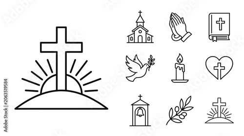 Fotografia Christianity Icons: Cross, Bible, Dove, Praying Hands, Church, Candle
