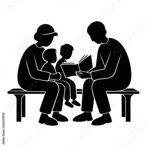 Bilde på lerret Silhouette of adults and children sitting on a bench reading a book together