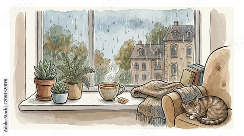 Obraz na plátně A cat sleeps on a chair by a rainy window with potted plants and a cup of coffee on a cozy day indoors