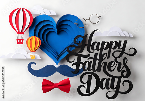 Happy fathers day card with paper craft heart hot air balloon mustache and bow tie