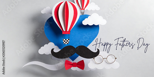 Paper craft fathers day background with heart mustache and hot air balloons, bow tie