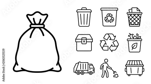 Bild auf Leinwand Trash Bin Icons: Garbage Bag, Recycling, Bin Truck, Cleaner