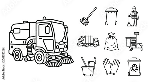 Konstfotografi Street Sweeper Truck and Cleaning Icons Line Art