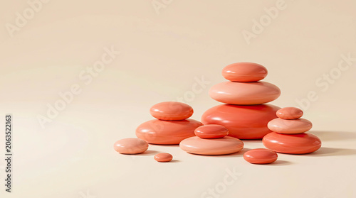 Delicate pink stones artfully stacked against a soft beige backdrop a harmonious blend of gentle hues and elegant simplicity.
