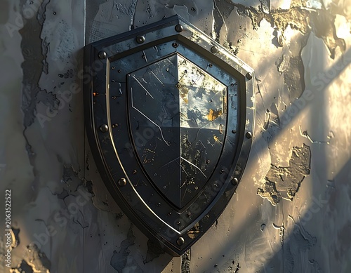 A medieval-style shield mounted on a stone wall