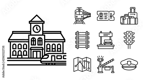Bild auf Leinwand Train Station Icons: Building, Train, Ticket, Luggage, Tracks, Signal