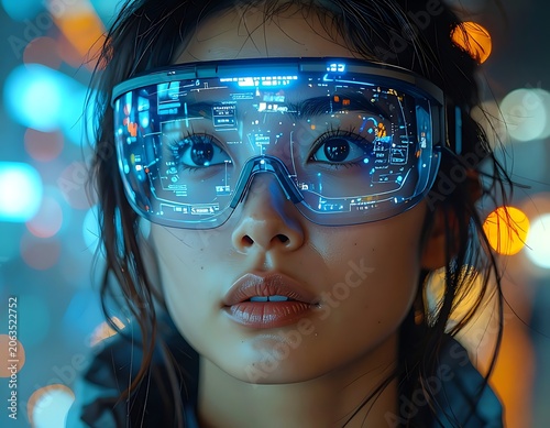 A young girl wearing futuristic VR glasses