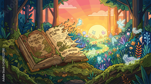 Fotografía Enchanted Forest Book Opens to Reveal Magical World.