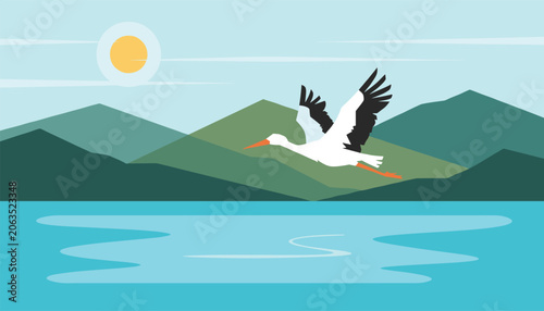 Majestic white stork flying gracefully over a calm blue lake with green mountain ranges and sunset in the background.
