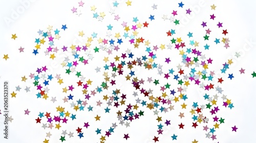 Scattered collection of small multicolored metallic star shaped confetti pieces creating a joyous and festive display across a bright surface ideal for celebrations and party themes conveying a