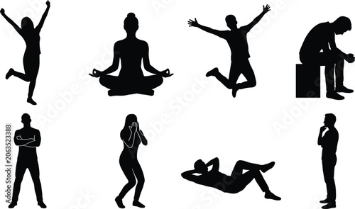 Foto People silhouette set with various human emotions actions and body language pose