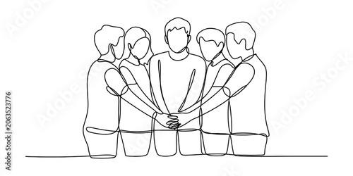 Tableau sur toile Group of young people joining hands together in a single continuous line drawing