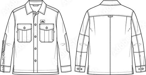 Photography Technical fashion flat sketch of a long sleeve utility workwear shirt with pocke
