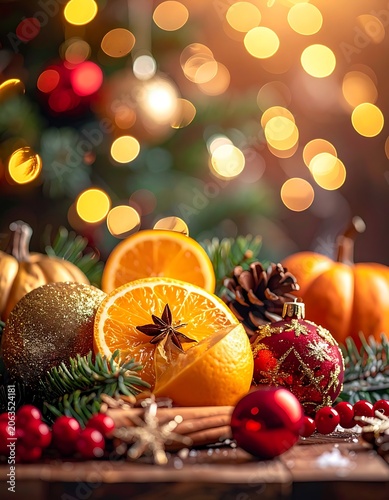 Vibrant Christmas arrangement with fruits and ornaments