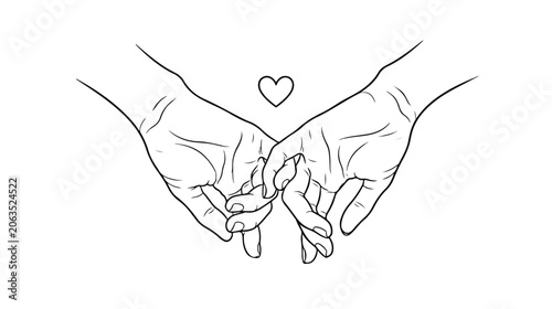 Minimalist line art vector illustration of two hands holding pinky fingers, symbolizing connection and friendship. A delicate heart icon floats above, perfect for romantic themes, relationships