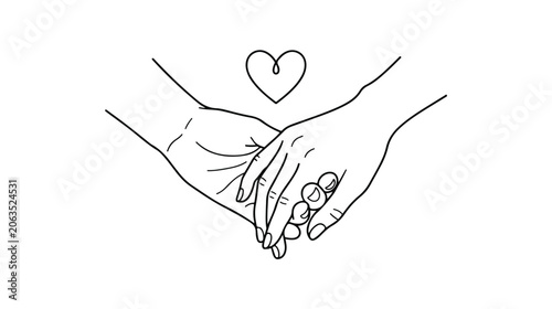 Minimalist hand-holding line art, romantic couple's intertwined hands, symbolic love and connection vector illustration, perfect for relationship and Valentine's Day designs.