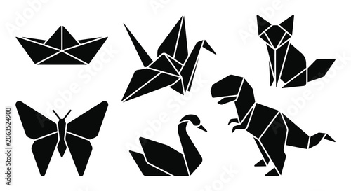 A collection of black silhouette origami figures including a boat, crane, fox, butterfly, swan, and dinosaur, isolated on a white background, perfect for creative design Artwork.
