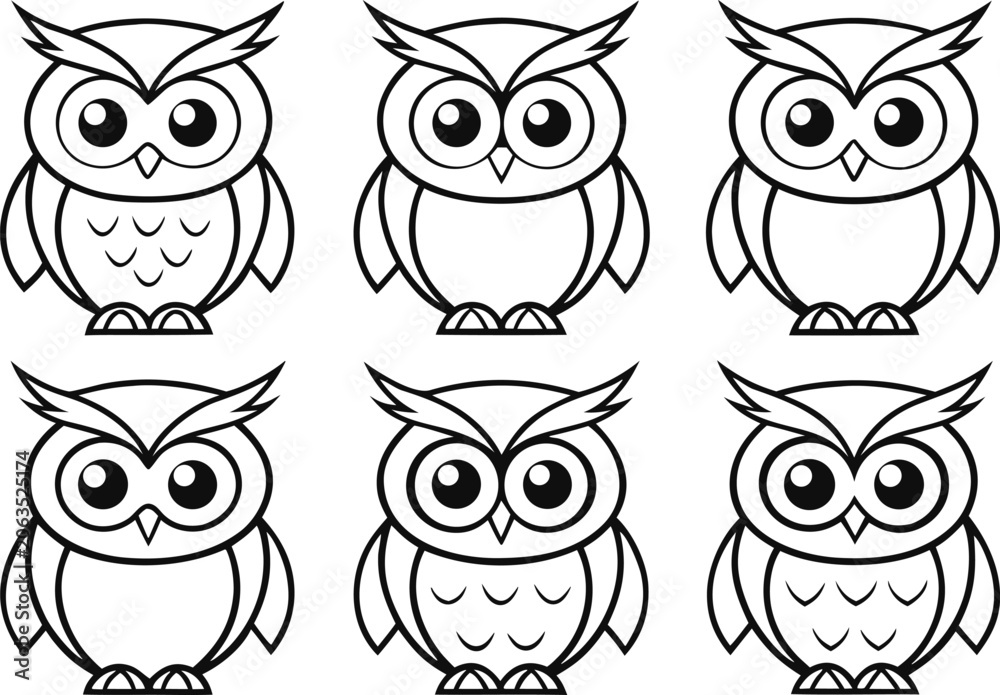 Fototapeta premium Cartoon Owl Outline Illustration. Cute Owl Line Art Collection. Owl Outline Character Design. Cartoon Owl Stroke Illustration. Adorable Owl Contour Collection. Owl Line Drawing Design Set. Cute Bird