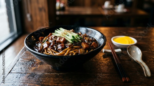 A deep glossy black ceramic bowl of jajangmyeon,  thick, soft noodles covered in a rich dark brown fermented black bean paste sauce with visible chunks of onion, pork