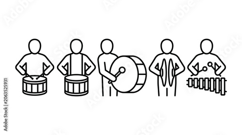 Percussion ensemble playing drums and cymbals line art.
