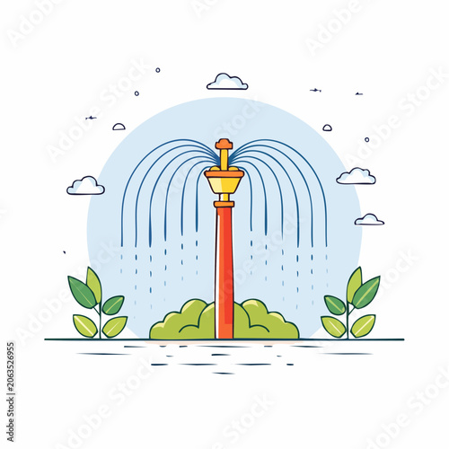 Stylized Fountain with Water Jets and Clouds